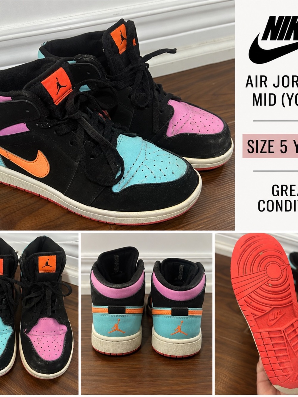 Jordan Kids Mid-Top Sneakers in Black with Teal, Pink & Orange Accents